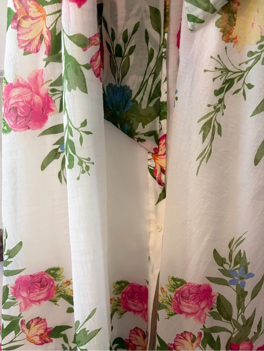 Flying Tomato Midi Floral Tie-Waist Dress in Cream and Green with Bell Sleeves - Picture 10 of 16